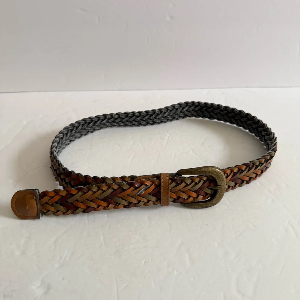 Braided Woven Multicolor Leather Belt with Brass Buckle